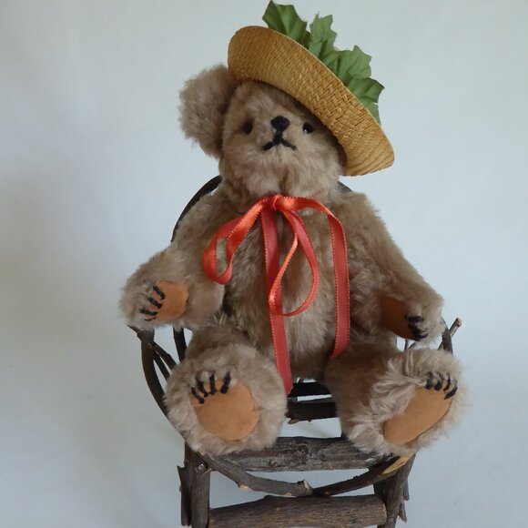 VINTAGE ECHOES OF THE PAST MOHAIR JOINTED TEDDY BEAR WICKER CHAIR - Picture 1 of 16